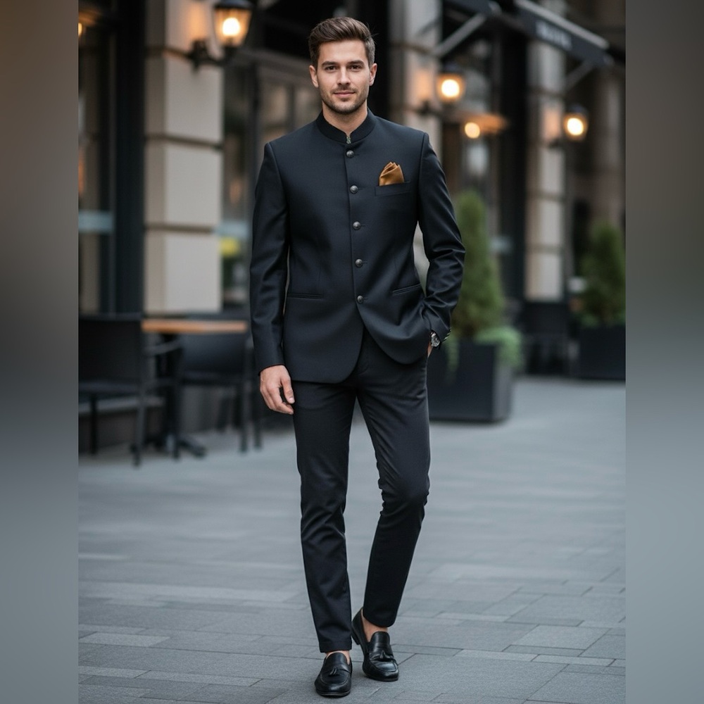 Customized Green Button-Up Jacket with Gold Pocket Square
